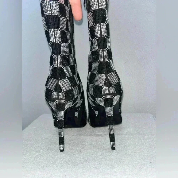 AZALEA WANG BOOTS STILETTO CHECKERS BLK RHINESTONE SIDE ZIP POINT TOE FABULOUS - Picture 5 of 15